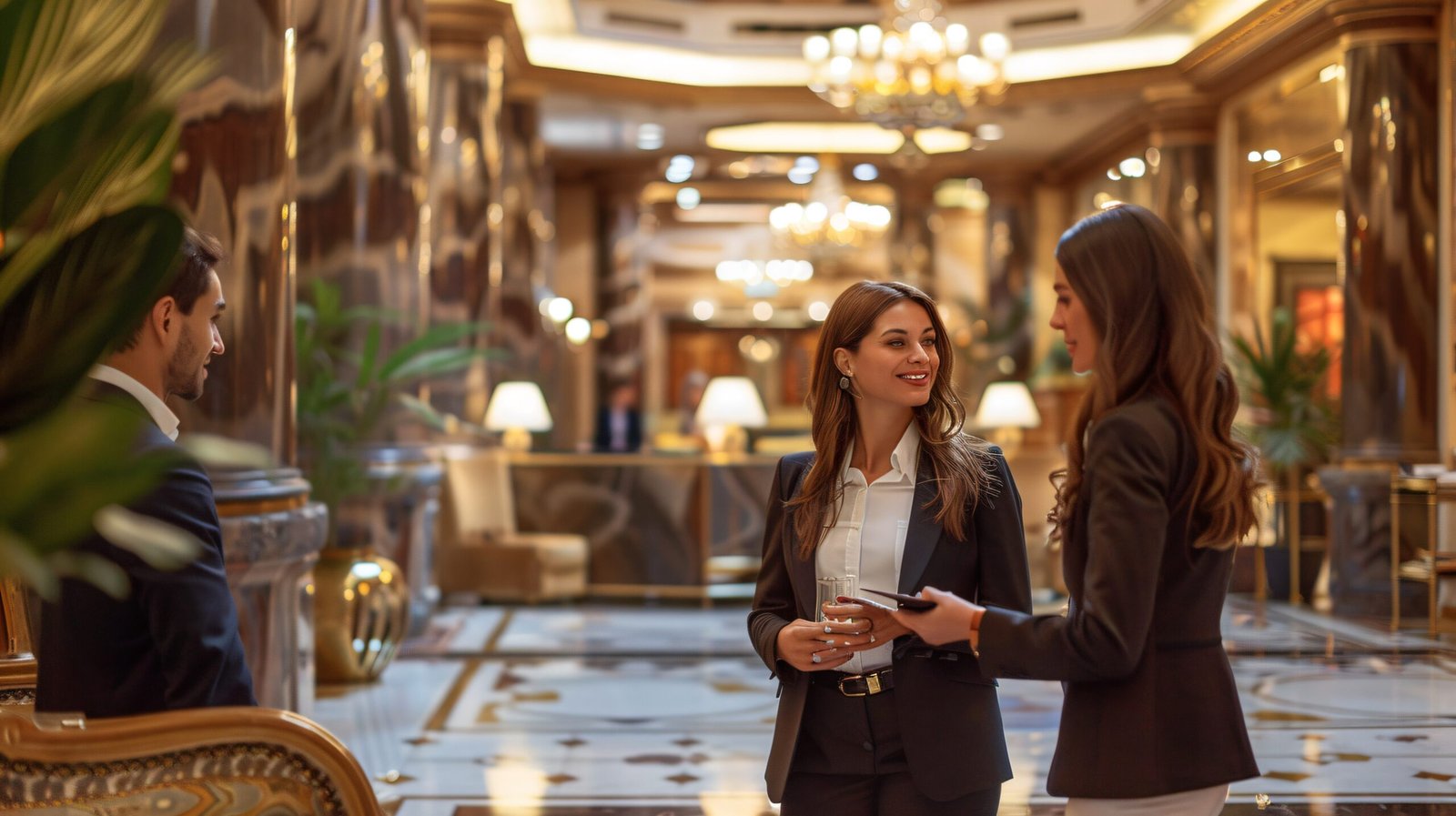 Female hotel manager greeting guests elegant luxury lobby copy space scaled