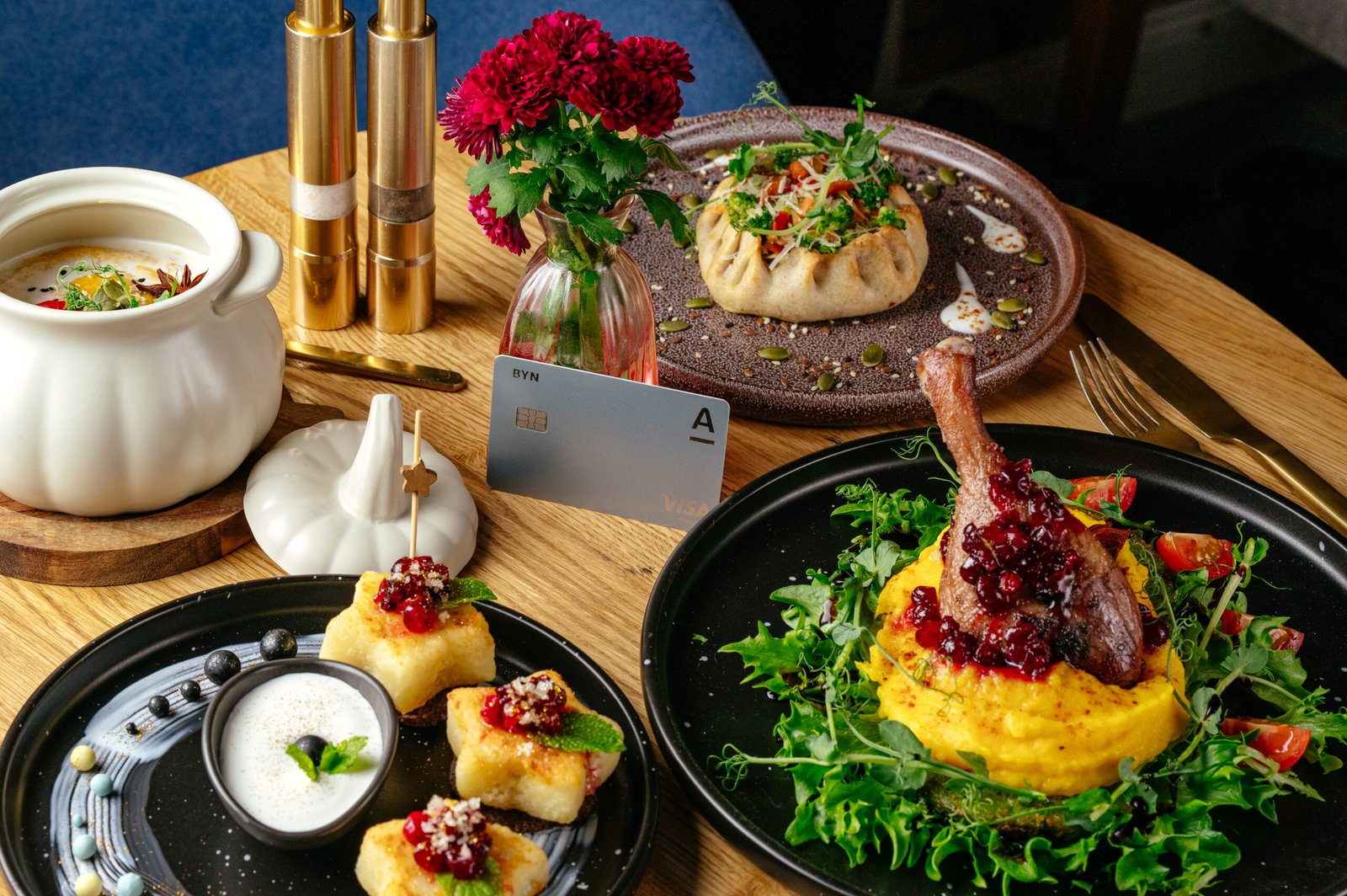 gourmet-dining-experience-with-diverse-dishes-credit-card-restaurant-table