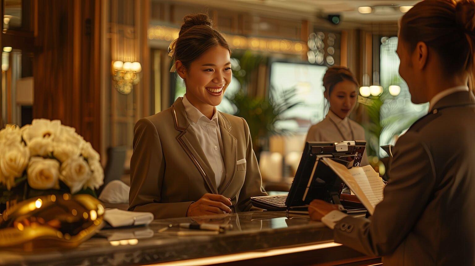 Hotel receptionist assisting guest checkin counter 1536x861