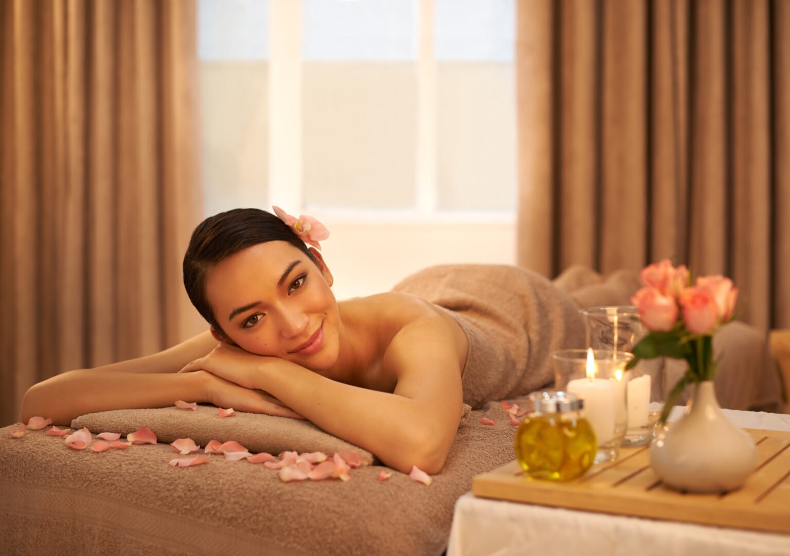 Rejuvenate revive beautiful young woman relaxing massage table before her massage 1536x1082
