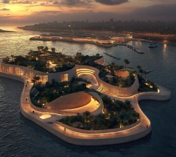 Arafed island with walkway walkway leading beach 360x320