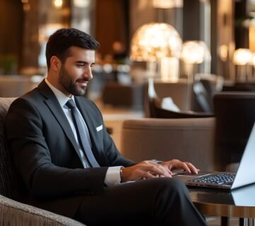 Businessman suit sitting plush armchair hotel lobby using laptop 360x320
