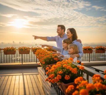 Family enjoying scenic sunset view from rooftop 360x320