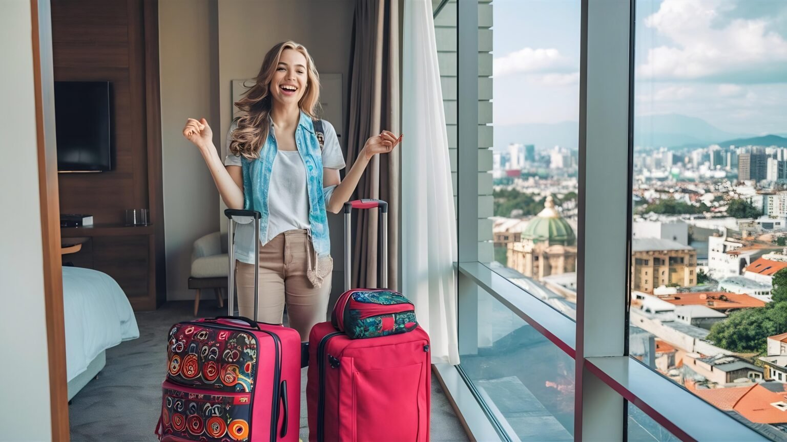 Tourist woman with luggage hotel after checkin 1536x864