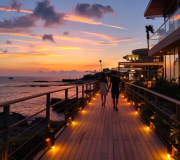 Two people are walking deck with ocean background 360x320